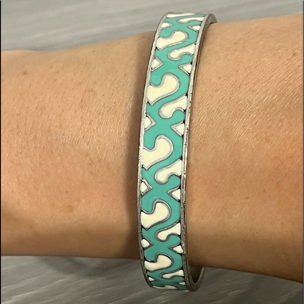 Lucky Brand Silver and Enamel Bangle Bracelet, White, Teal, Boho - Picture 1 of 6